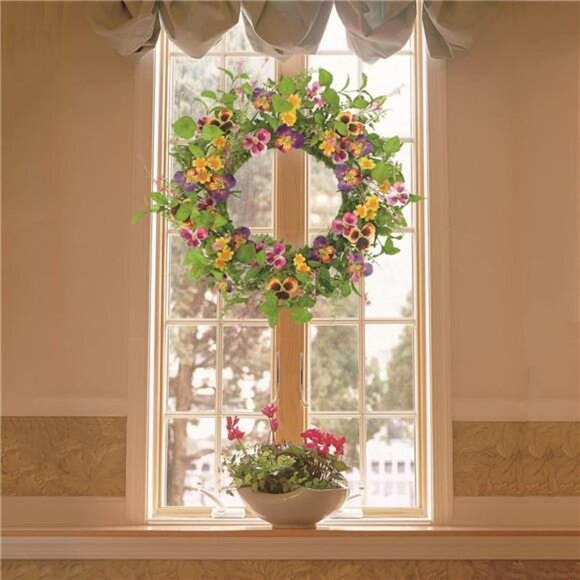 Artificial 20" Spring Summer Wreath with Pansy Flower,Yellow Daisy,Rose Leaf - Picture 5 of 8